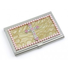 Business Card Holder - 12 PCS Enamel Accented w/ Pearl - Pink - CH-GCH1290PN 
